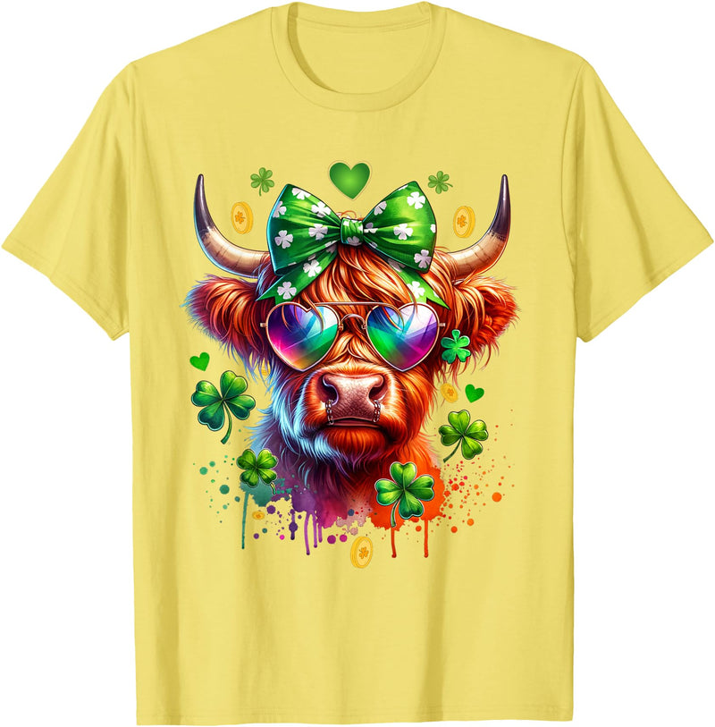 Funny St Paddy Highland Cow St Patricks Day Outfit Cute Highland Cow With Sunglasses St Patricks Day Funny T-Shirt - Lemon