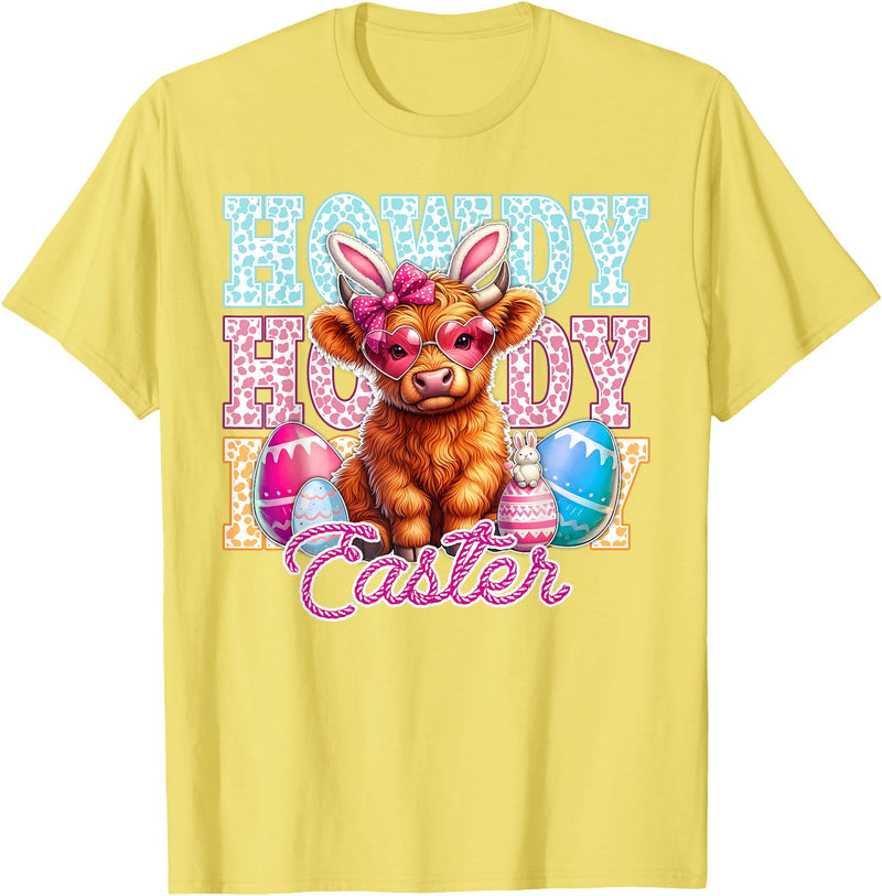 Highland Cow Easter Cute Western Farm Apparel Howdy Easter Cute Highland Cow Bunny Ears Western Easter T-Shirt - Lemon Yellow