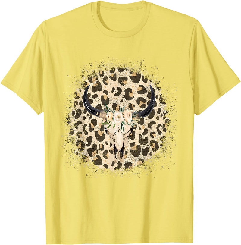 Funny Leopard Cow Skull designs Funny Leopard Cow Skull print Flower Rustic Turquoise T-Shirt - Lemon Yellow