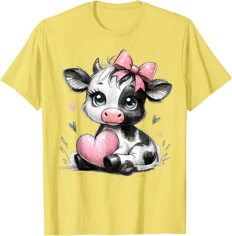 Cow Farmer Coquette Bow Tees Cute Baby Cow with Pink Coquette Bow Holding Heart T-Shirt - Lemon Yellow
