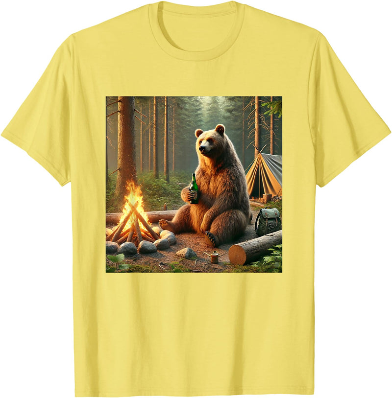 Wildfire Adventure Awaits Co. Bear Camping by the Campfire. Nature Adventure Funny Garment T-Shirt - Lemon Yellow