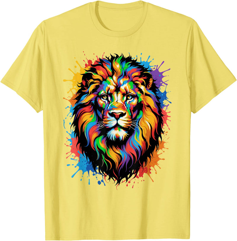 Colorful Lion Wildlife Lover Colorful Lion Face Paint Splash Art T-Shirt - Lemon Yellow