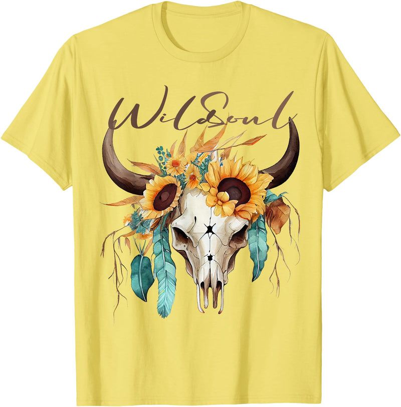 Wild Soul Boho Cow Skull Sunflowers Mothers Day Wild Soul Boho Cow Skull Sunflower Vintage Western T-Shirt - Lemon Yellow