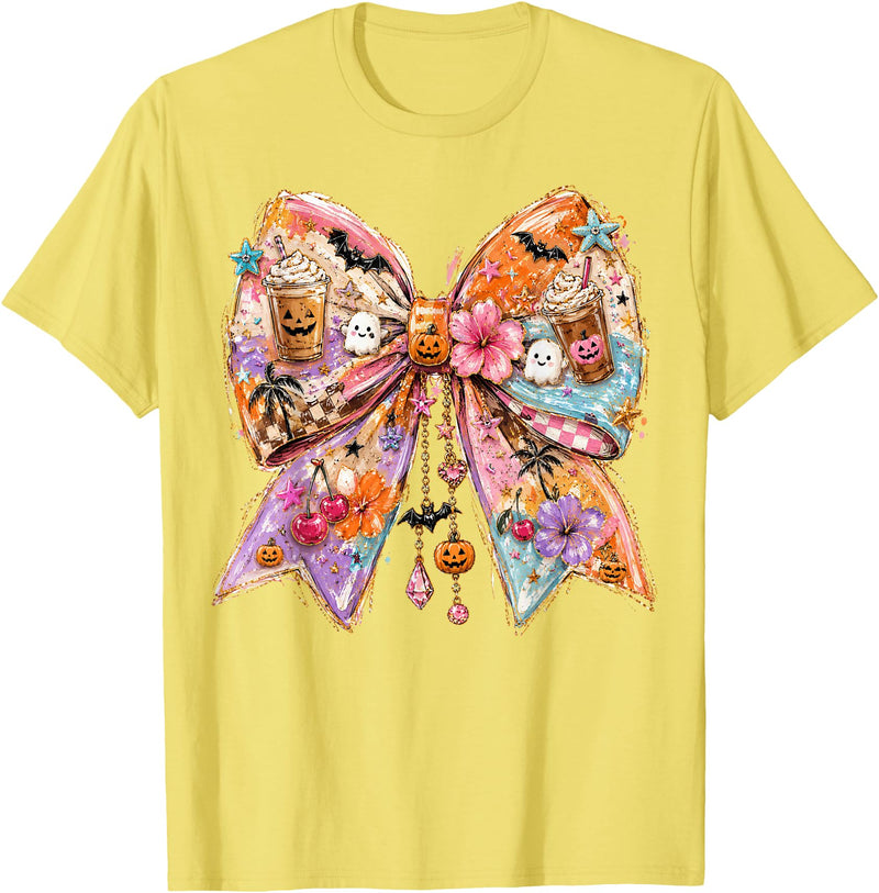 Summerween Tees NYC Summerween Bow Coquette Summer Halloween Ghosts Beach Coffee T-Shirt - Lemon Yellow
