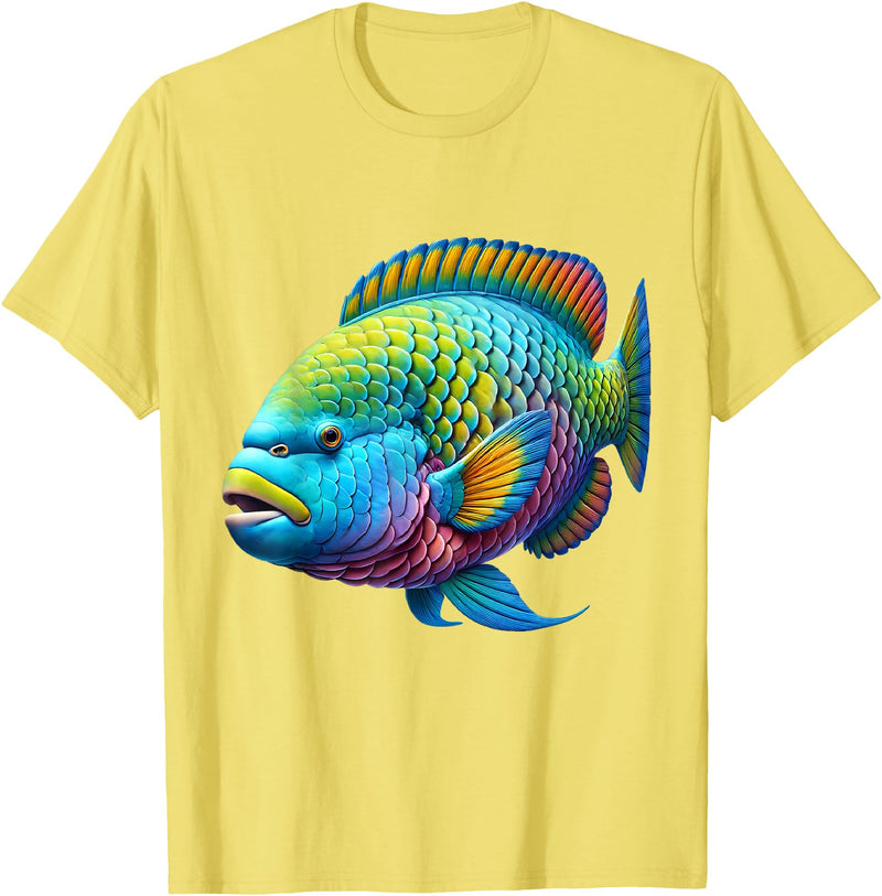 Parrotfish Lover Gifts and Apparel Multicolor Parrot Tropical Fishing T-Shirt, Unisex-Adults, Short Sleeve, T-Shirt, Small - Lemon Yellow