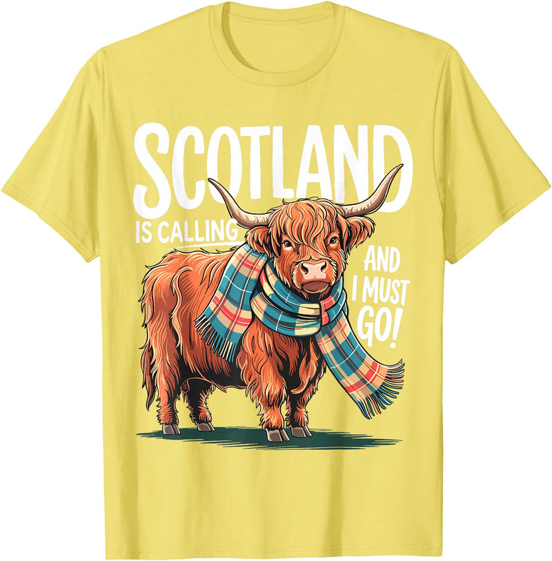 Funny Scottish Highland Cow Scotland is Calling and I Must go Scottish Highland Cow T-Shirt - Lemon Yellow