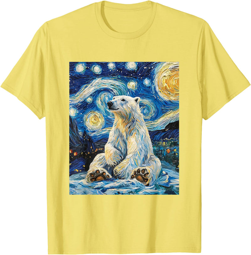 Bear Designs. Cute Polar Bear Van Gogh Style Starry Night Funny Graphic T-Shirt - Lemon Yellow
