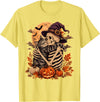Vintage Spooky Halloween Cat Lover Autumn Cute Skeleton Hugging Cat Halloween Witch hat Pumpkin Moon T-Shirt - Lemon Yellow