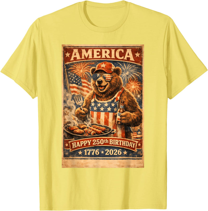 USA Birthday 250th American Spirit Tees All Ages Celebrate 250 Years with Fun Bear BBQ Graphic T-Shirt - Lemon Yellow