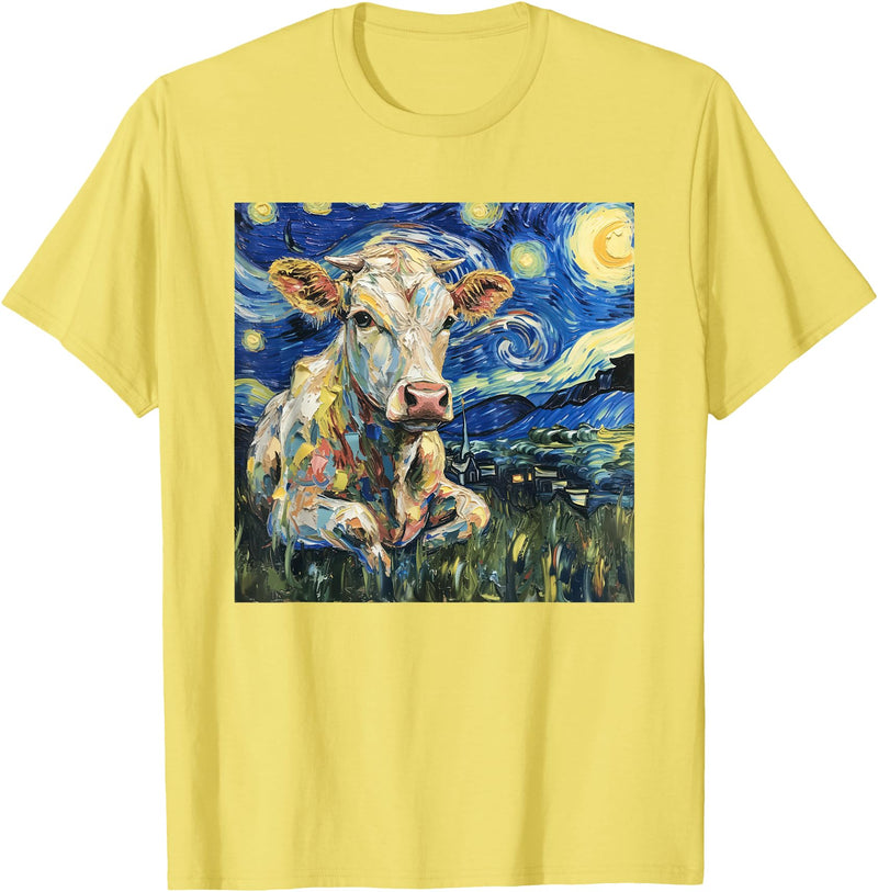 Cow Lover Co. Cow Van Gogh Style Starry Night T-Shirt - Lemon Yellow