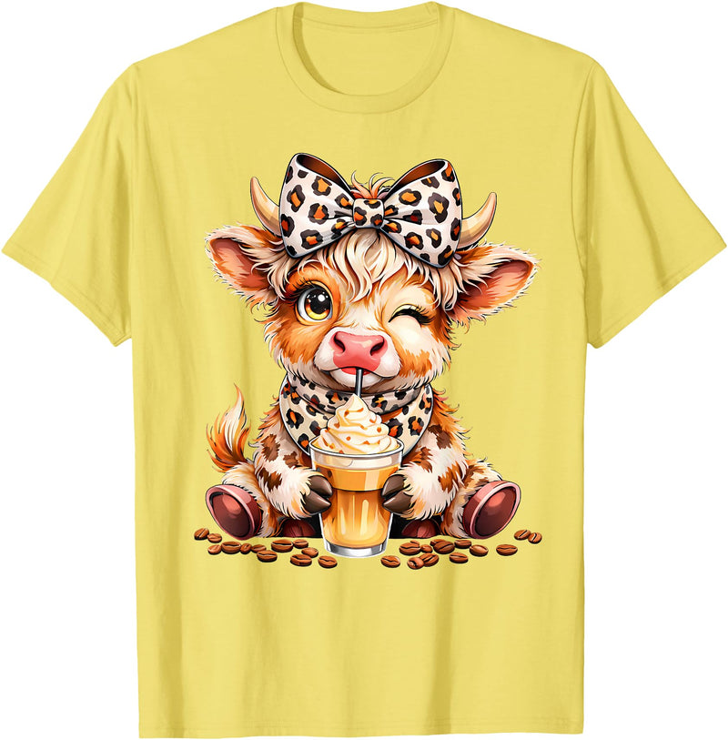 Cute Highland Cow Coffee Addict Leopard Bow Highland Cow Coffee Addict Funny Drink Coffee T-Shirt - Lemon Yellow