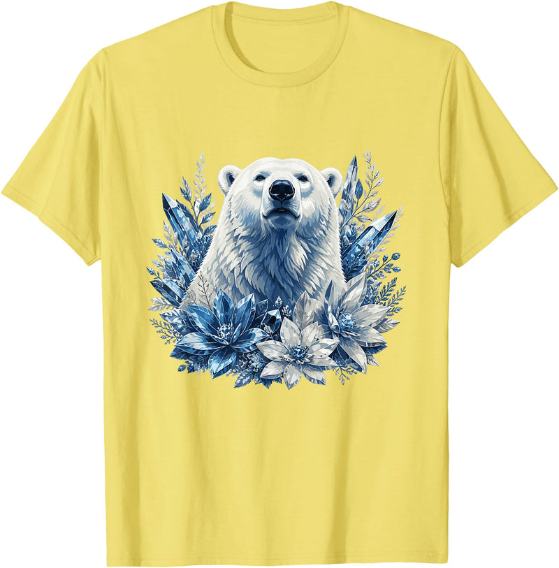 Arctic Polar Bear Winter Floral Nature Ice Blue Snow Polar Bear with Winter Flowers T-Shirt - Lemon Yellow
