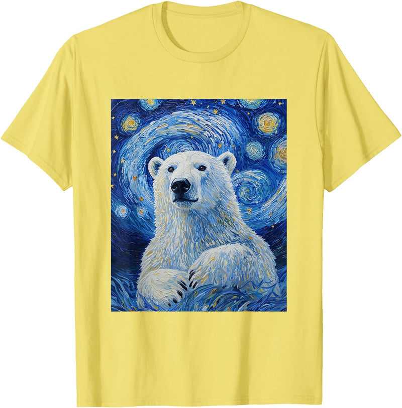 Bear Designs. Cute Polar Bear Van Gogh Style Starry Night Graphic T-Shirt - Lemon Yellow