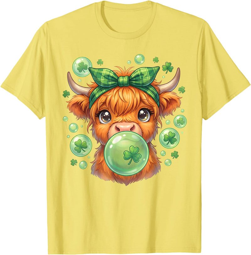 St. Patricks Day Highland Cow Blowing Bubblegum Celebrate St Patricks Day T-Shirt - Lemon Yellow