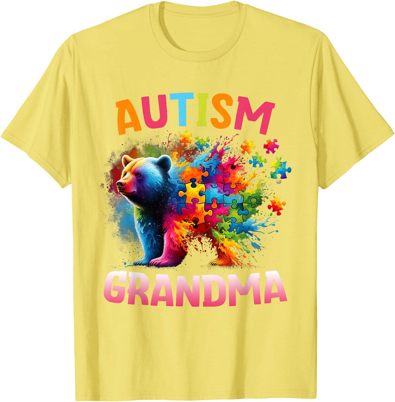Colorful Rainbow Family Bear Autism Awareness Autism Grandma Colorful Rainbow Grandma Bear Autism T-Shirt - Lemon Yellow