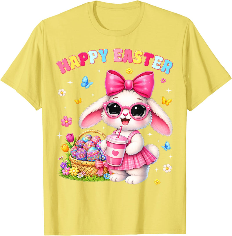 Happy Easter Coquette Easter Egg Rabbit Bunny Women Girl Kid T-Shirt in Lemon Yellow