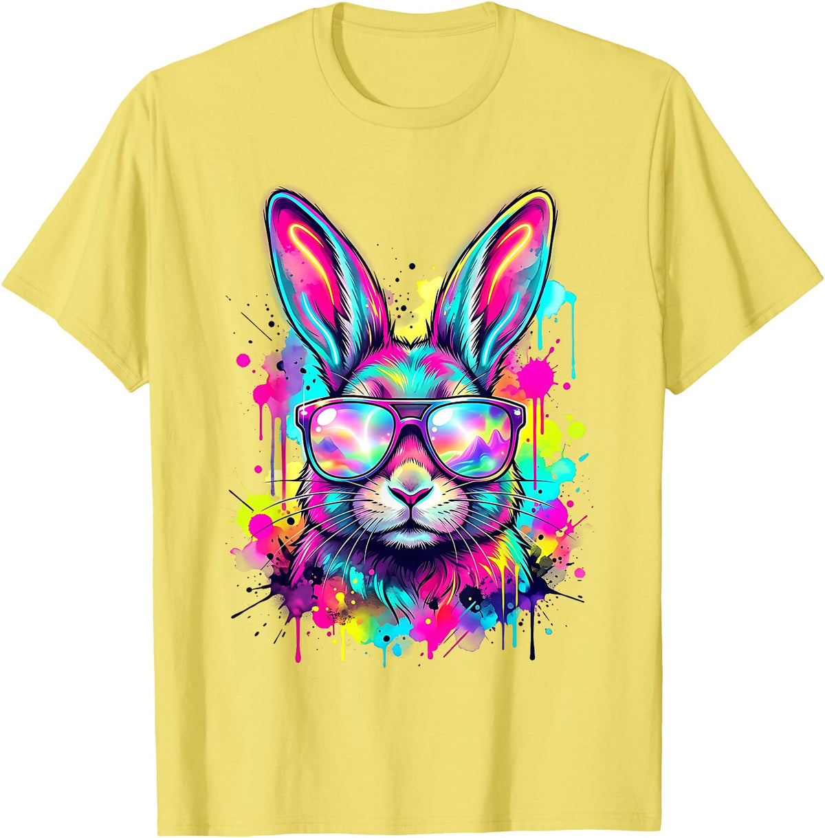 Happy Easter Bunny Face Tie Dye Bunny Rabbit with Glasses T-Shirt in Lemon Yellow