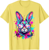Happy Easter Bunny Face Tie Dye Bunny Rabbit with Glasses T-Shirt in Lemon Yellow
