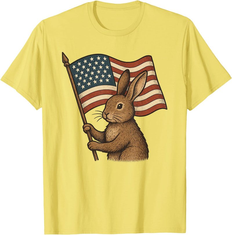 Rabbit Bunny American Flag 4th of July T-Shirt in Lemon Yellow