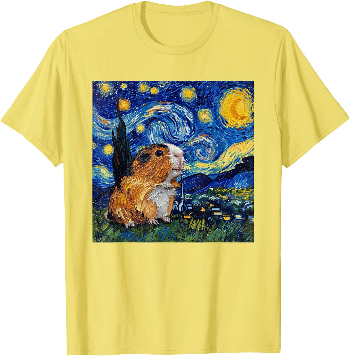Guinea Pig Lover Co. Guinea Pig Van Gogh Style Starry Night Graphic T-Shirt - Lemon Yellow