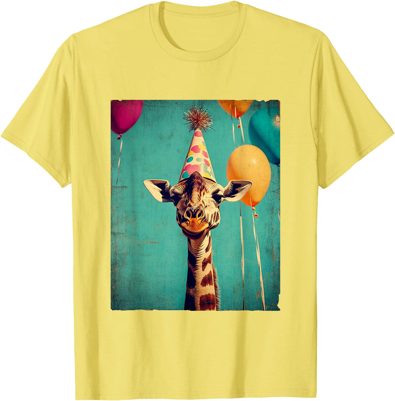 Giraffe Animal Zoo Birthday Party Apparel Unisex-Kids Retro Art Print Giraffe Birthday Party T-Shirt Black Short Sleeve Small - Lemon Yellow