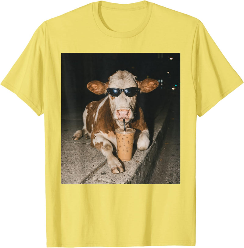 Funny Cow Drinking Iced Coffee Meme Cow Drinking Iced Coffee Funny Animal Meme Tee T-Shirt - Lemon Yellow