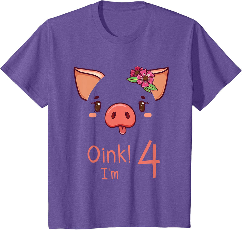 Girls Cute Pig Birthday Designs Co. 4th Birthday Pig Outfit Pig Face Gift 4 year old Girl Boy T-Shirt - Purple Heather