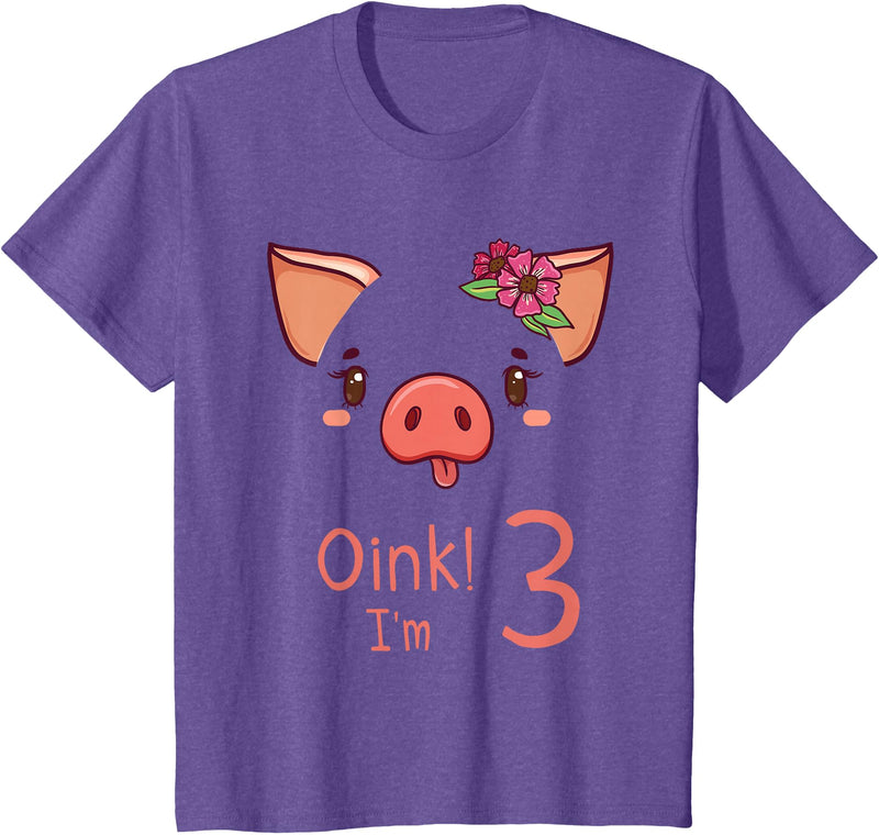 Girls Cute Pig Birthday Designs Co. 3rd Birthday Pig Outfit Pig Face Gift 3 year old Girl Boy T-Shirt - Purple Heather