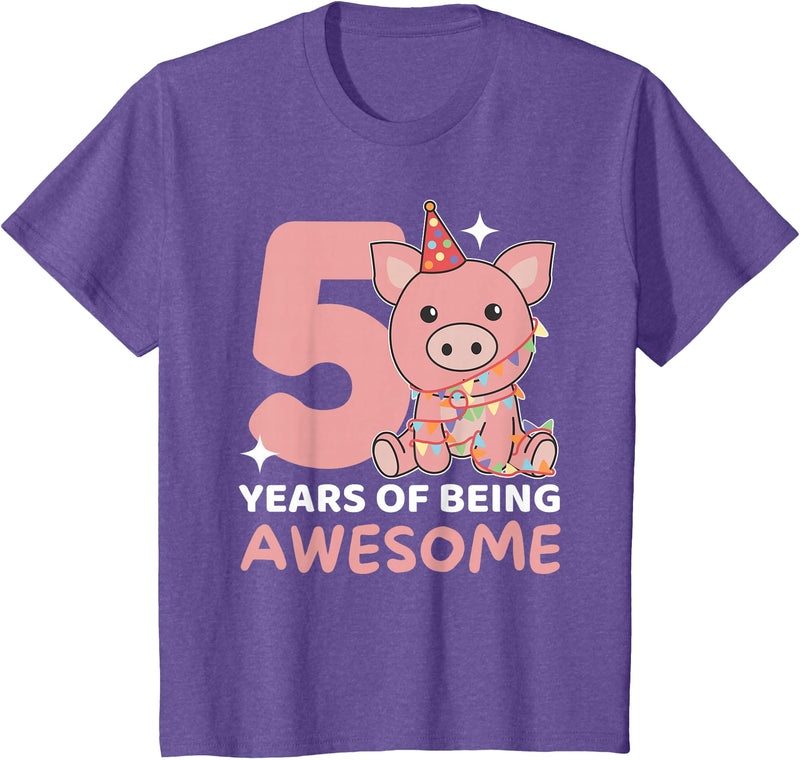 Pig Birthday Gift Cute Animals Pig For The 5th Birthday For Children Five Years Old T-Shirt - Purple Heather
