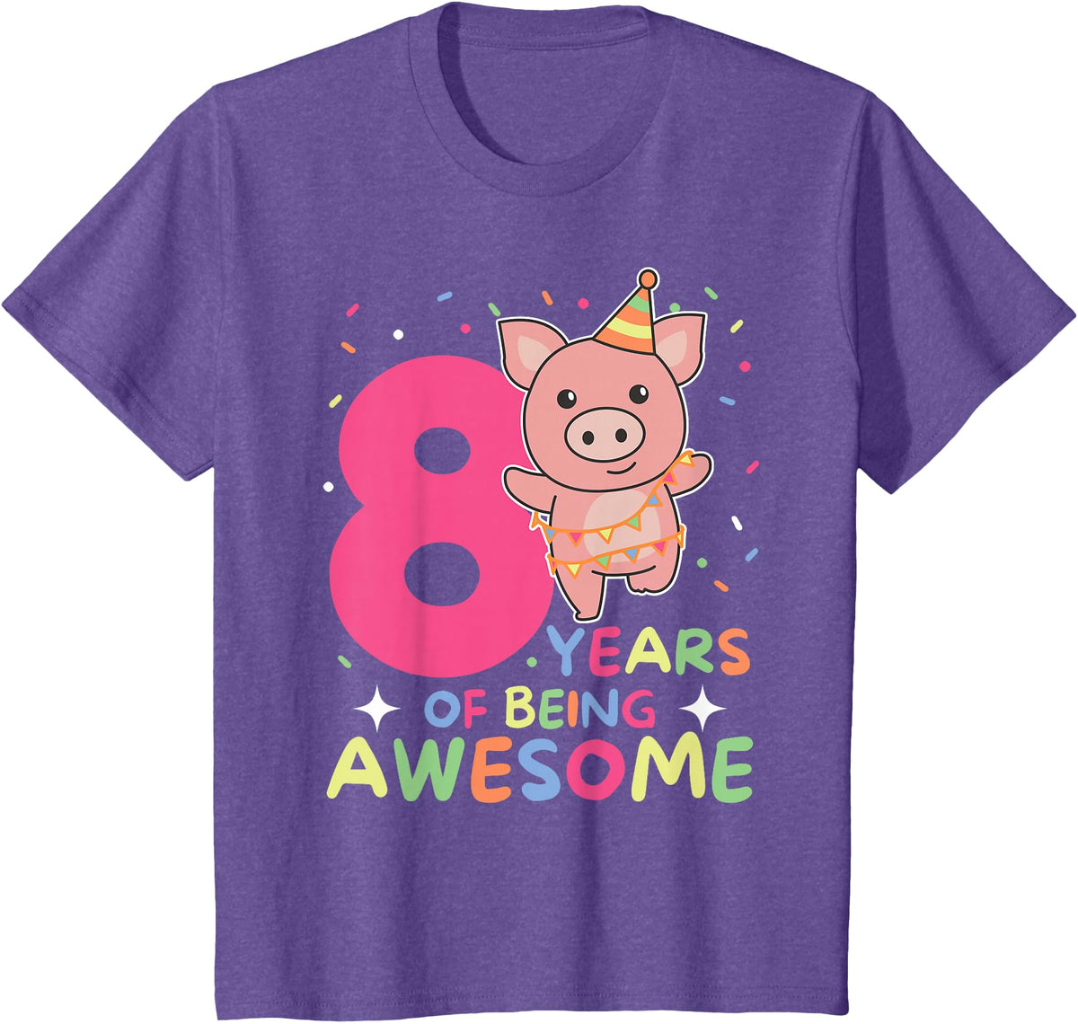 Pig Birthday Gift Cute Animals 8th Birthday Pig For Kids Eight Years Old T-Shirt - Purple Heather
