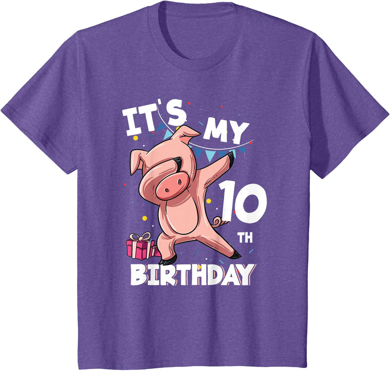 Pig Birthday Outfit for Boys Girls Party Supplies Its My 10th Birthday 10 Year Old Pig Birthday T-Shirt - Purple Heather