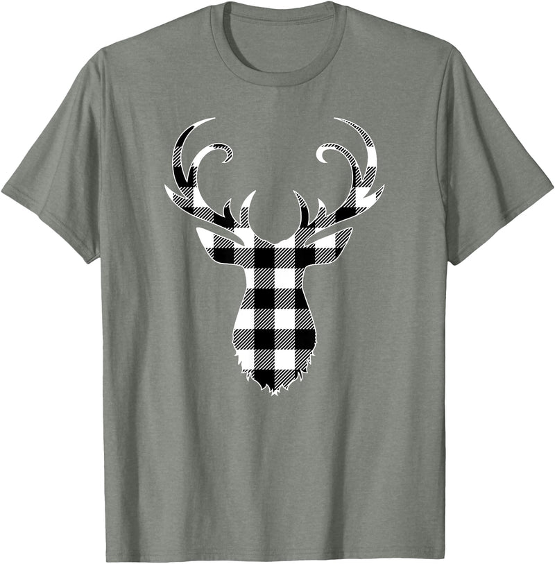 Buffalo Plaid Deer Clothing Co. by AAM Black & White Classic Christmas Buffalo Plaid Deer Head T-Shirt - Olive Heather