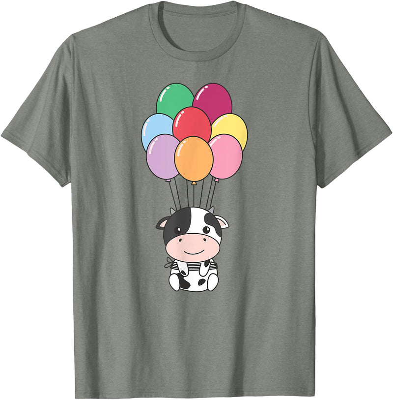 Cute Balloon Animals For Birthday Cow Flies With Colorful Balloons Kawaii Cows T-Shirt - Olive Heather