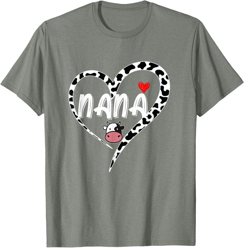 Black White Family Cow Farm Nana Cow Print Cow Heart Pattern Farmer Cows Mother's Day T-Shirt - Olive Heather