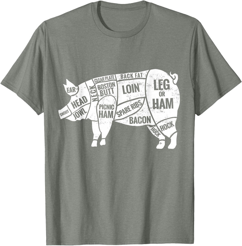 Pig Diagram T-Shirt | Butcher T-Shirts Pig and Pork Diagram Shirt, Butcher Shirt, Bacon Tee T-Shirt - Olive Heather