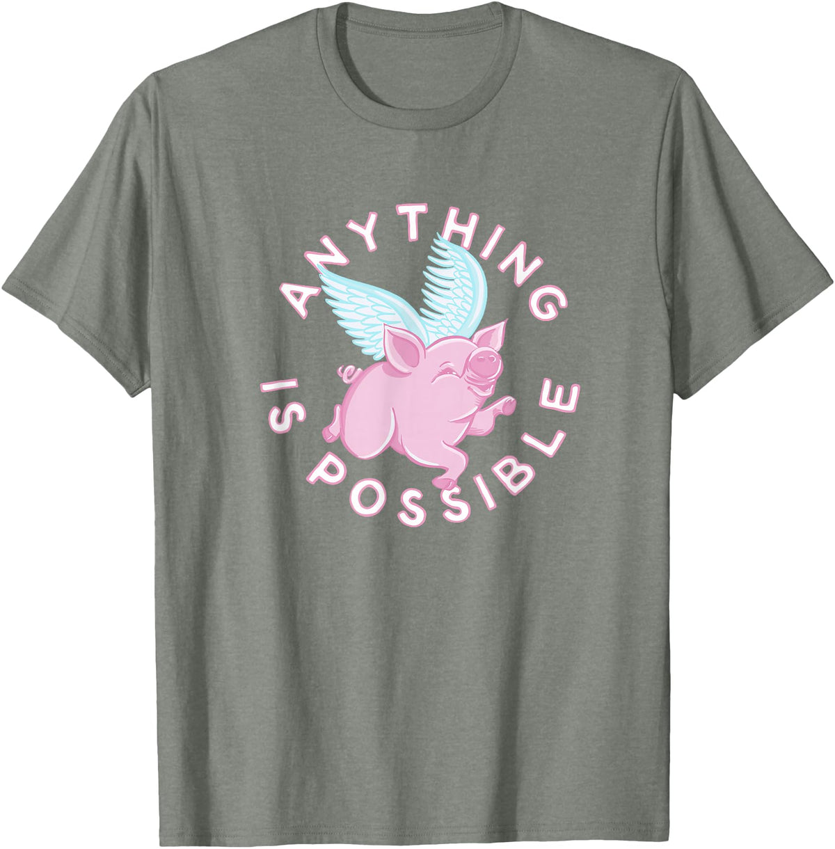 Inspire and Motivate Designs for Real Life Womens, Pigs Fly, cute and funny ALL THINGS ARE POSSIBLE T-Shirt - Olive Heather