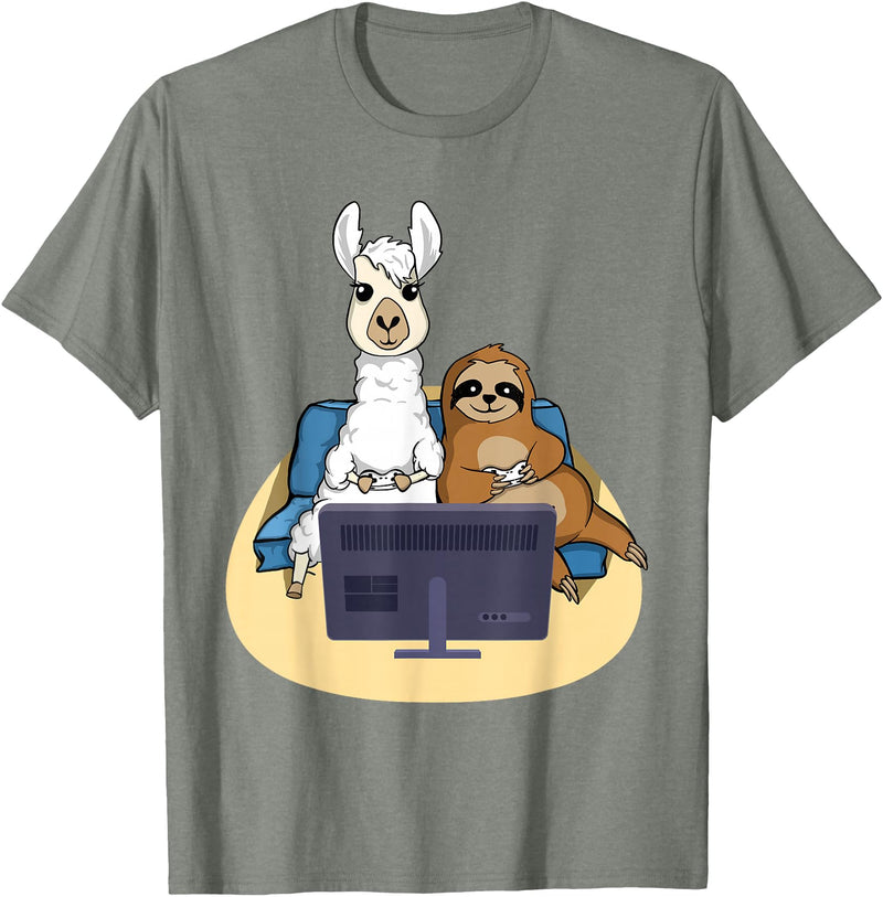 Funny Llama Shirts Sloth And Llama Gamer - Zookeeper Zoo Animal Lovers T-Shirt - Olive Heather