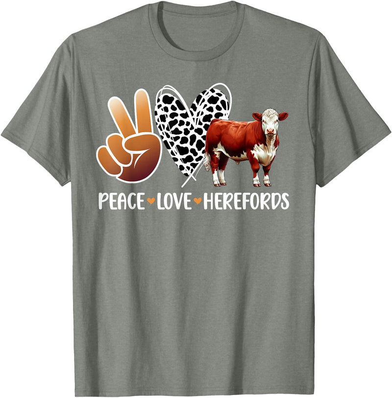 Cute Hereford Cattle Hereford Cow Boy Peace Love Hereford Cow Lover Hereford Cow Girl T-Shirt - Olive Heather