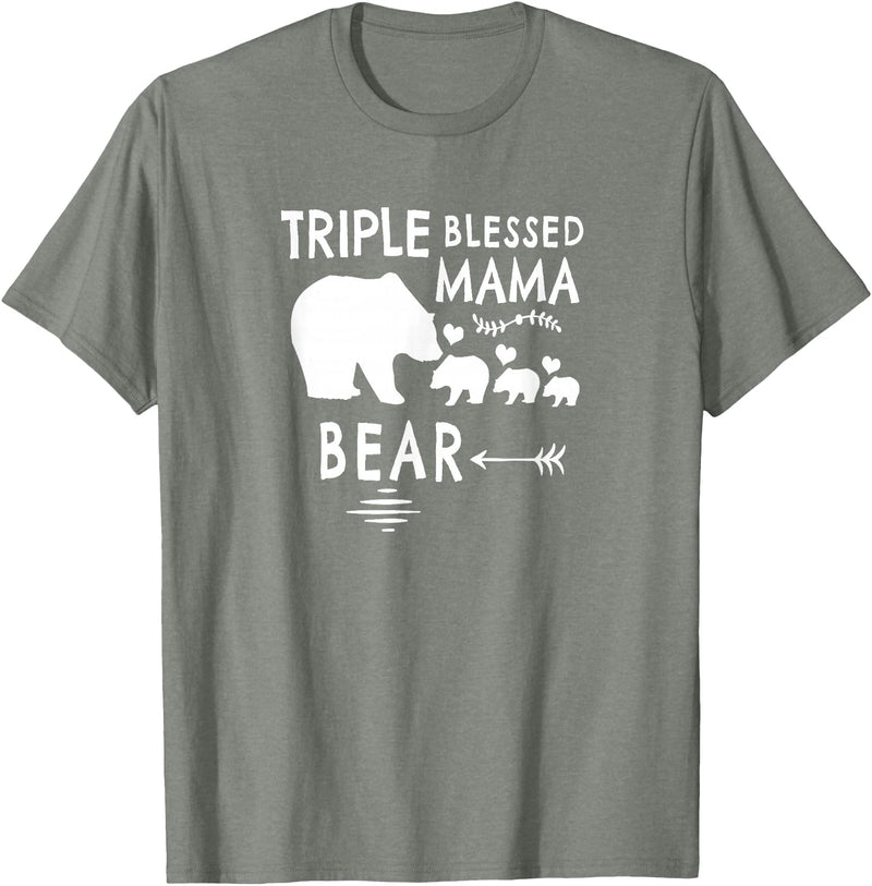 The Mothers Day Shirt Co. Triple Blessed Mama Bear Shirt For Moms With Three Kids T-Shirt - Olive Heather