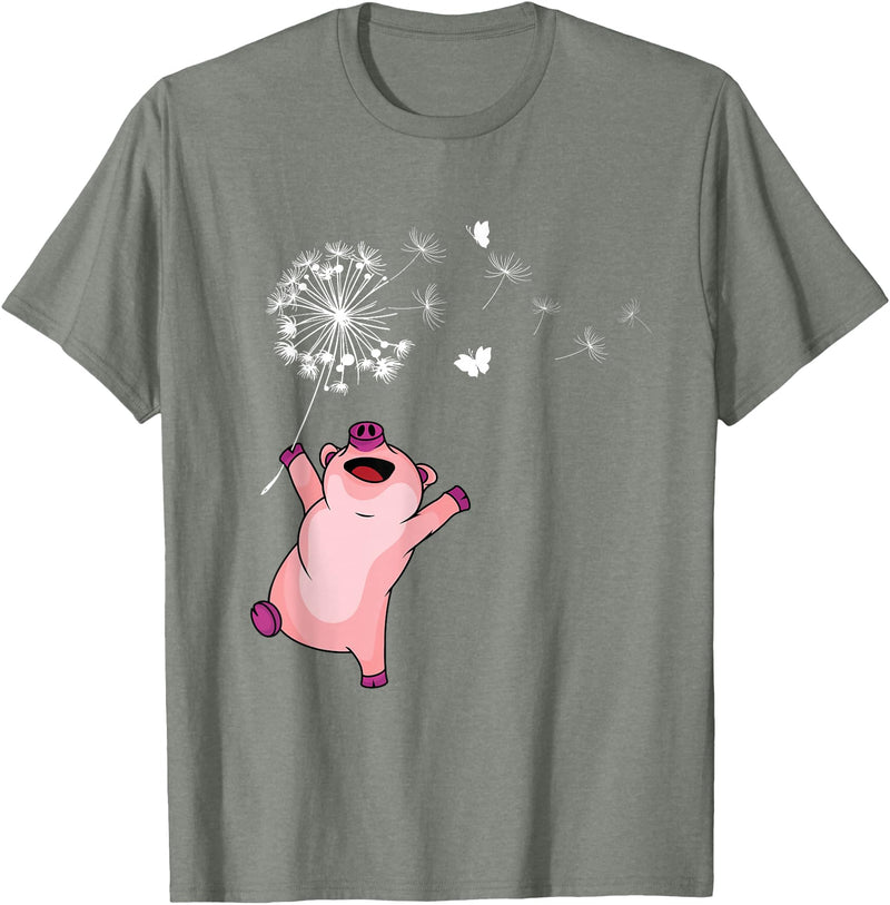 Pig Gifts For Men & Women Happy Pig Lover Kids Dandelion Nature Dancing Pig T-Shirt - Olive Heather