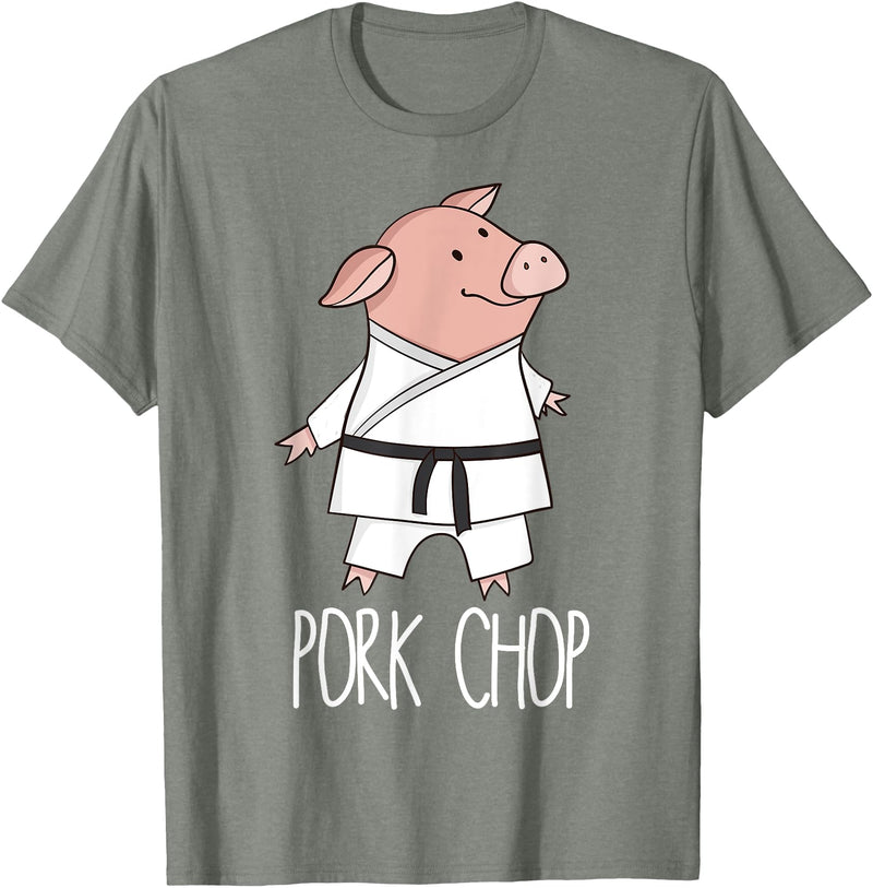 Funny Pig Pun Shirts Pork Chop - Funny Pig Animal Pun Karate T-Shirt - Olive Heather