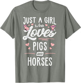 Pigs Memme Just A Girl Who Loves Pigs And Horses Gift Women T-Shirt - Olive Heather
