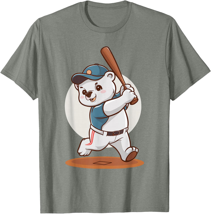 Adorable Polar Bear Baseball Theme Design Cute Polar Bear Playing Baseball Design Adorable Baseball T-Shirt - Olive Heather