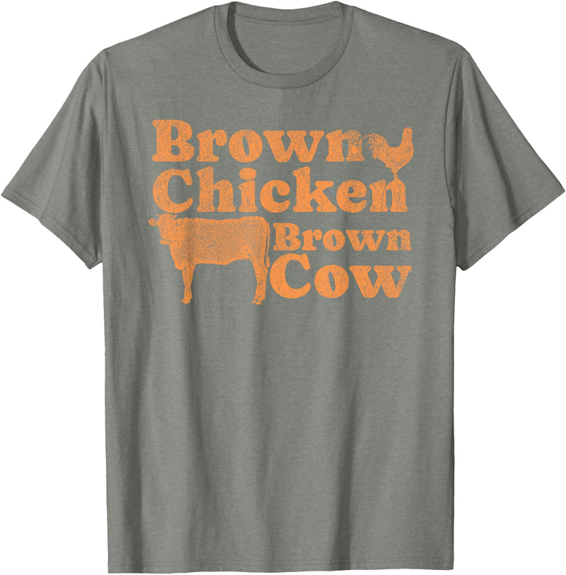 Funny Brown Chicken Brown Cow T-shirt 1970s Music Bow Chicka Wow Wow Joke Brown Chicken Brown Cow T-Shirt - Olive Heather