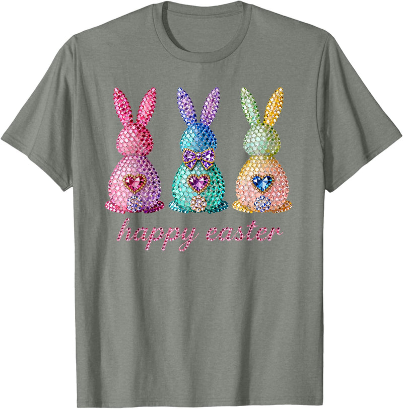 Funny Three Bunnies Rabbit Eggs Happy Easter Trendy Sparkly T-Shirt in Olive Heather