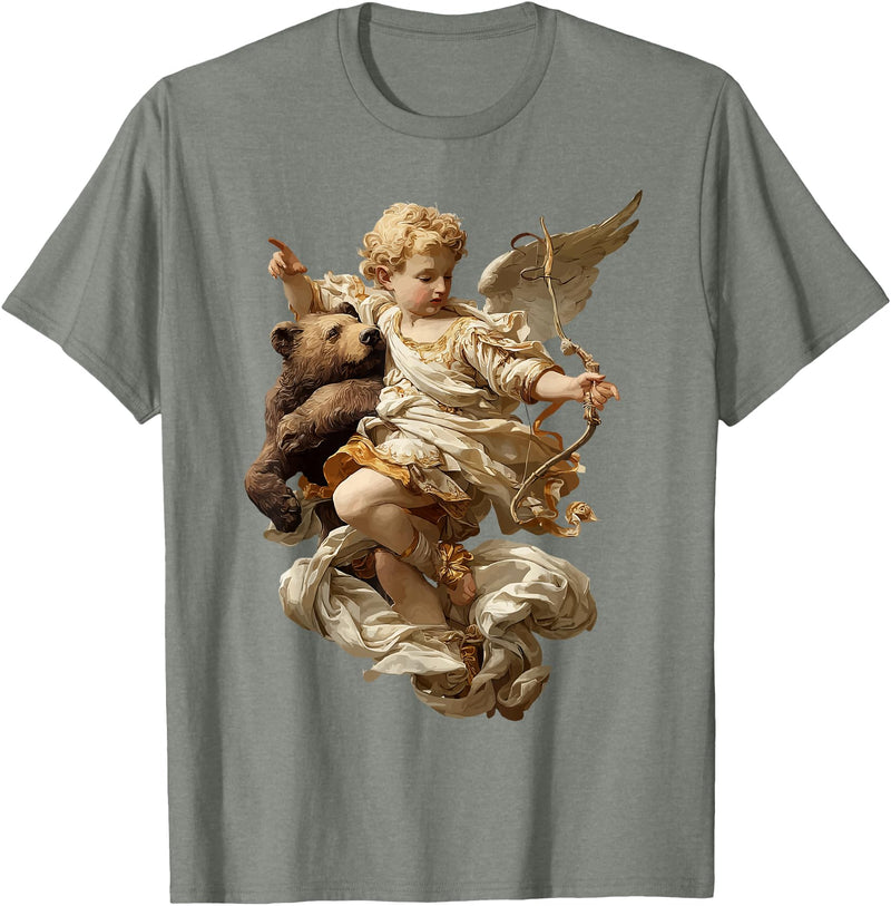 Vintage Angel Aesthetic Classical Art Cute Cherub Angel with Bear Baroque Renaissance Aesthetic T-Shirt - Olive Heather