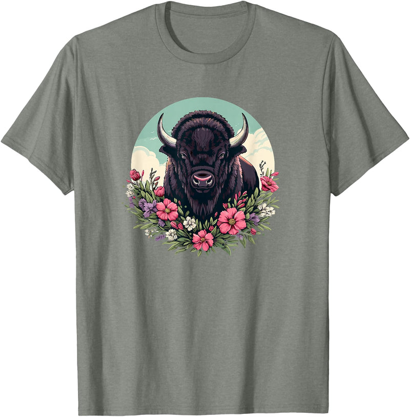 Wild Plains Buffalo Bison Gifts T Shirts & Hoodies Womens Girls Old West Retro Vintage Floral Buffalo Lover T-Shirt - Olive