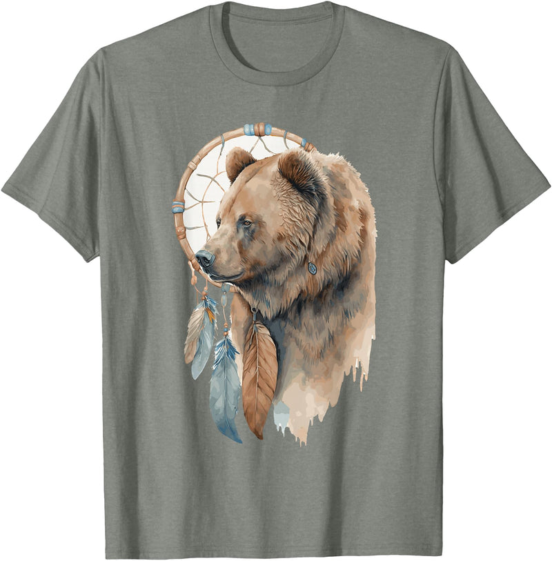 More Tribal Native American Totem Animal Art Bear Tribal Watercolor Bear Dream Catcher T-Shirt - Olive Heather