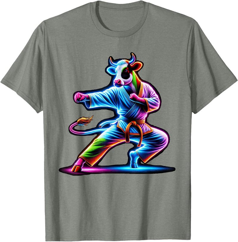 Cow Karate Black Belt Apparel Cow Karate Kick Punch Cute Funny Cool Martial Arts Cow T-Shirt - Olive Heather