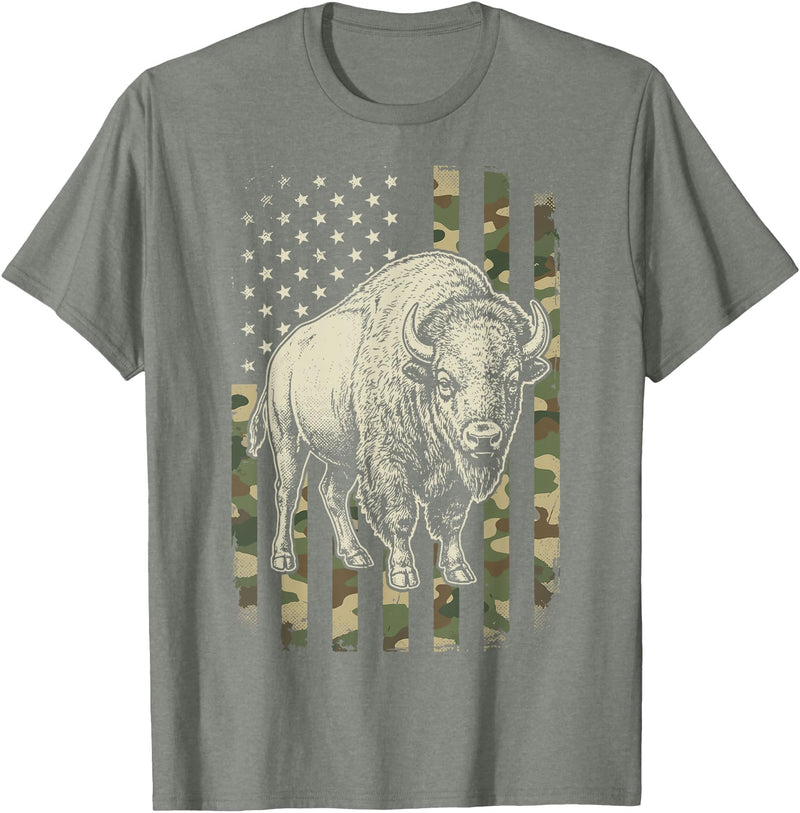 Usa Patriot American Bison Western Bufallo Bison USA Flag American Buffalo 4th of July T-Shirt - Olive Heather